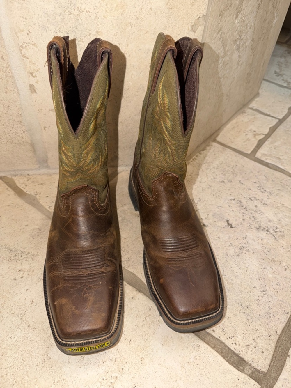Justin Boots Brown Leather Boots with Olive Green Shaft Steel Toe Size 11 D